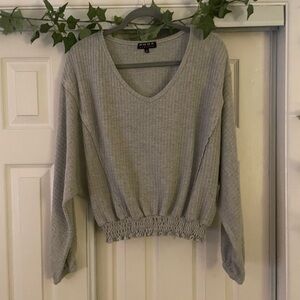 Gray off the shoulder waffle v neck sweater